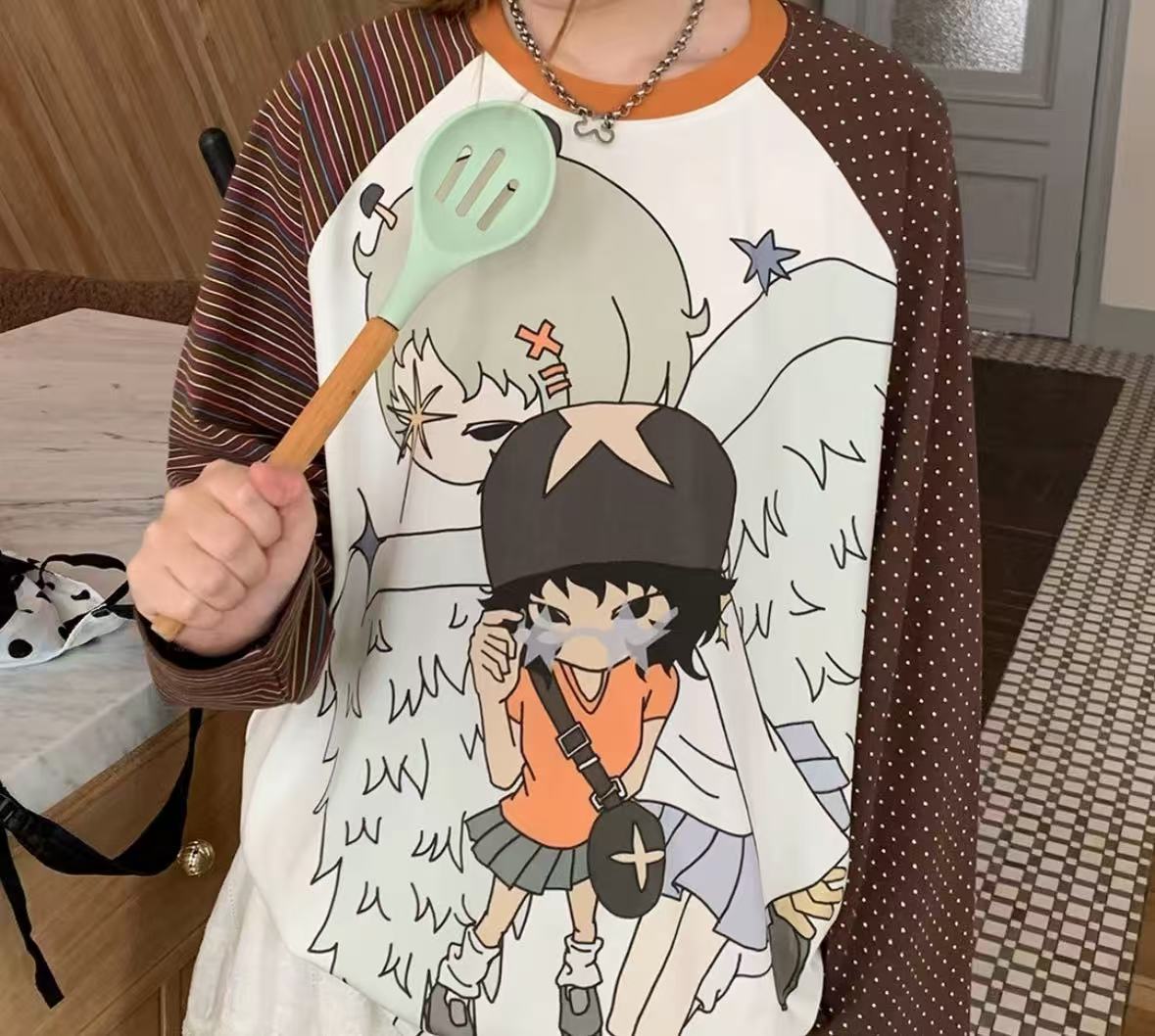 美好菇天使手绘亚比女孩条纹波点插肩长袖