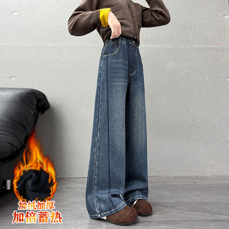 女童加绒裤子秋冬女大童加厚一体绒牛仔裤冬季儿童好看直筒阔腿裤