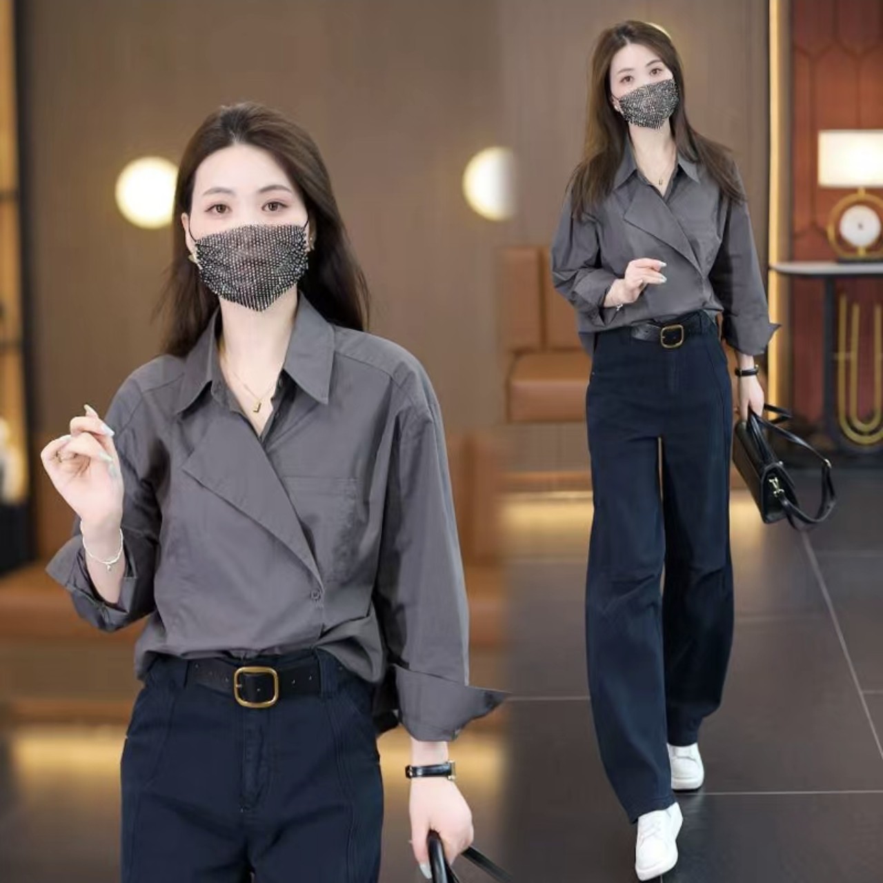 1158AABB早秋新款条纹衬衣韩版气质小衫上衣女显瘦减龄轻奢宽松