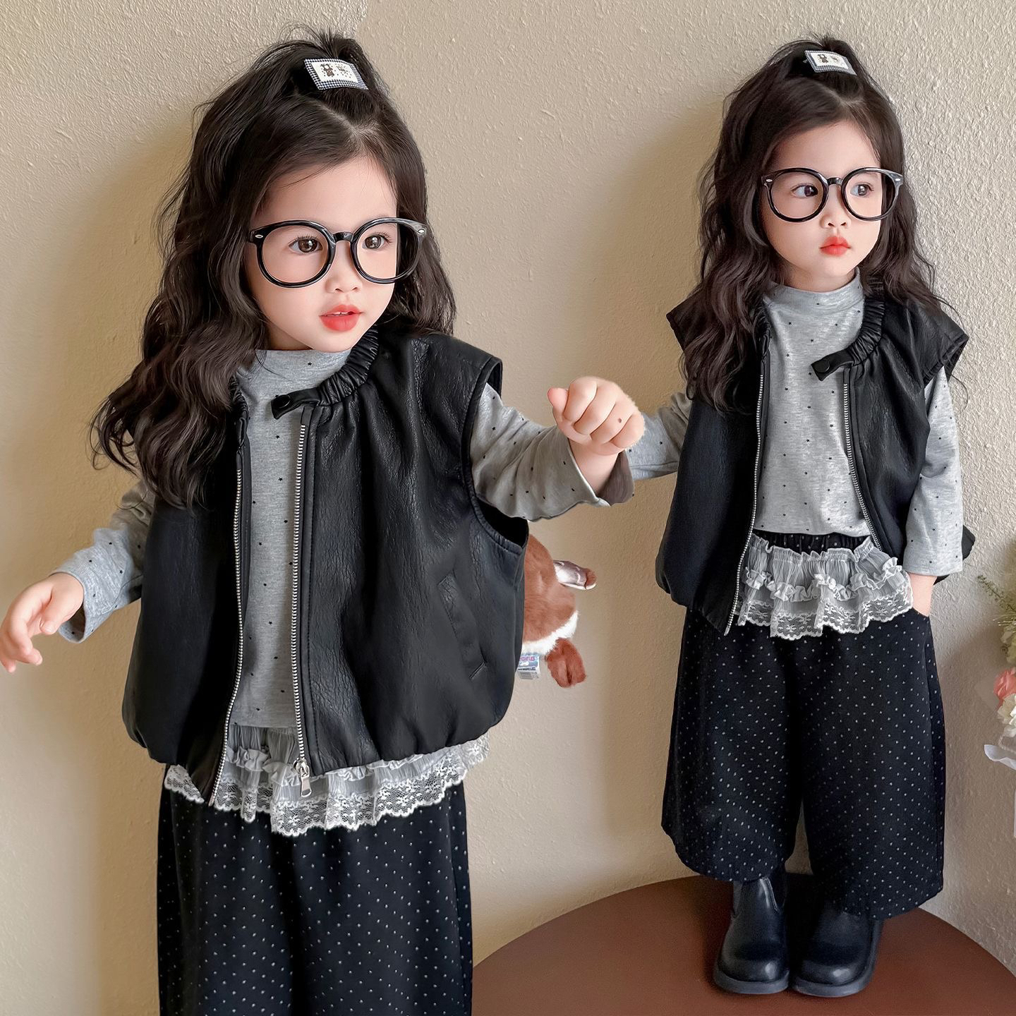 童装女童秋装套装2025新款女宝衣服儿童皮马甲打底衫阔腿裤三件套