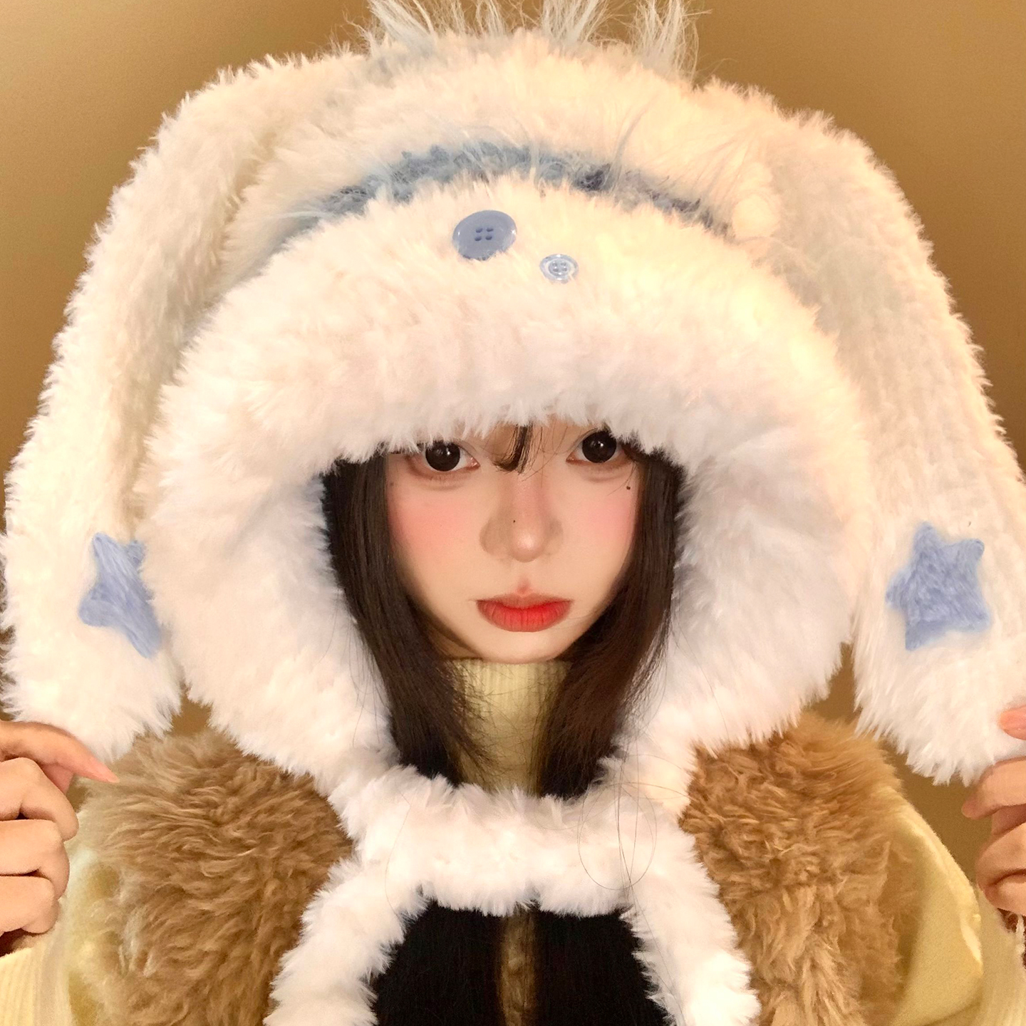 星星兔耳朵毛绒针织帽女冬季可爱显脸小加厚保暖防寒护耳雷锋帽子