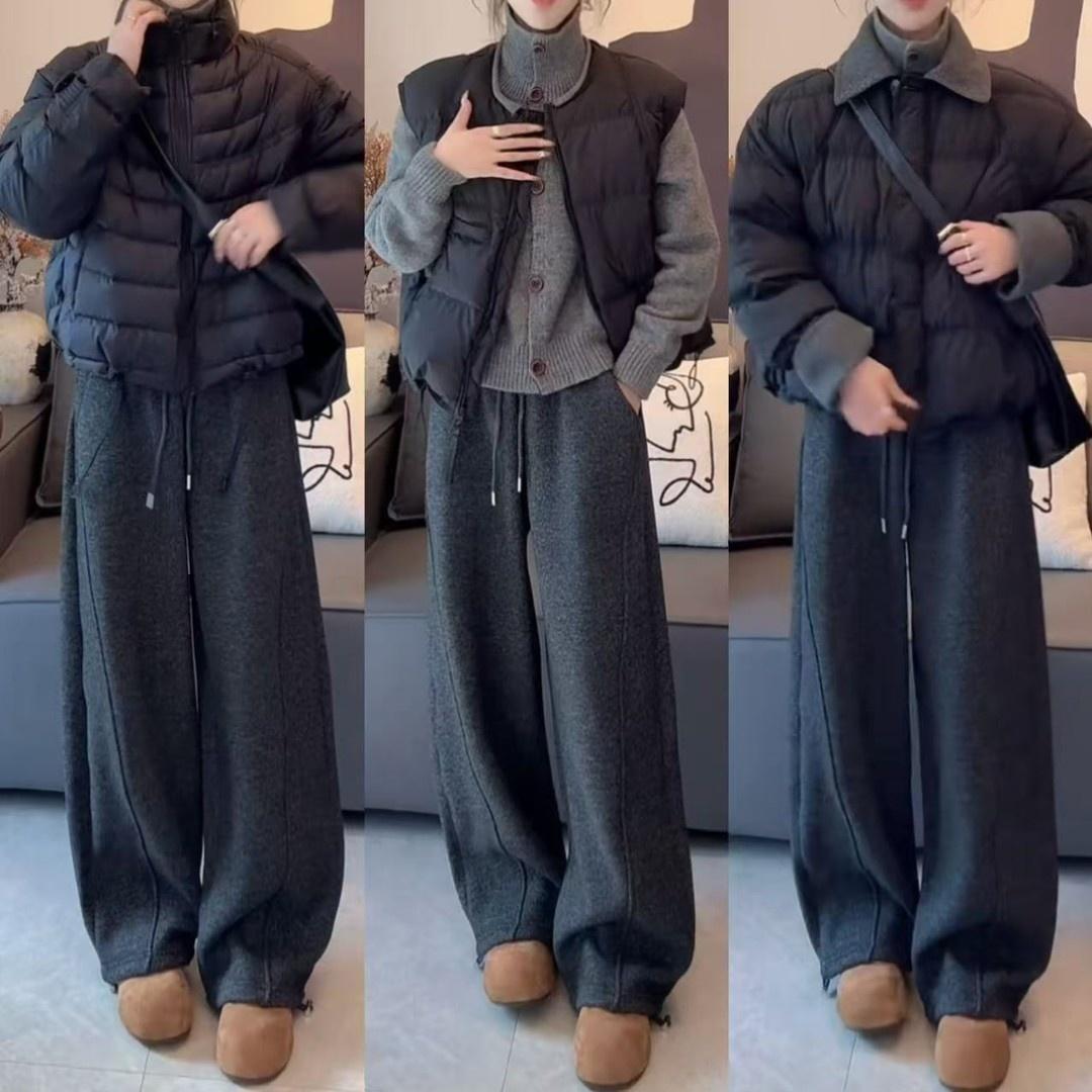 糯米毛呢冬季新款韩版加绒阔腿裤女高腰宽松垂感显瘦保暖弯刀卫裤