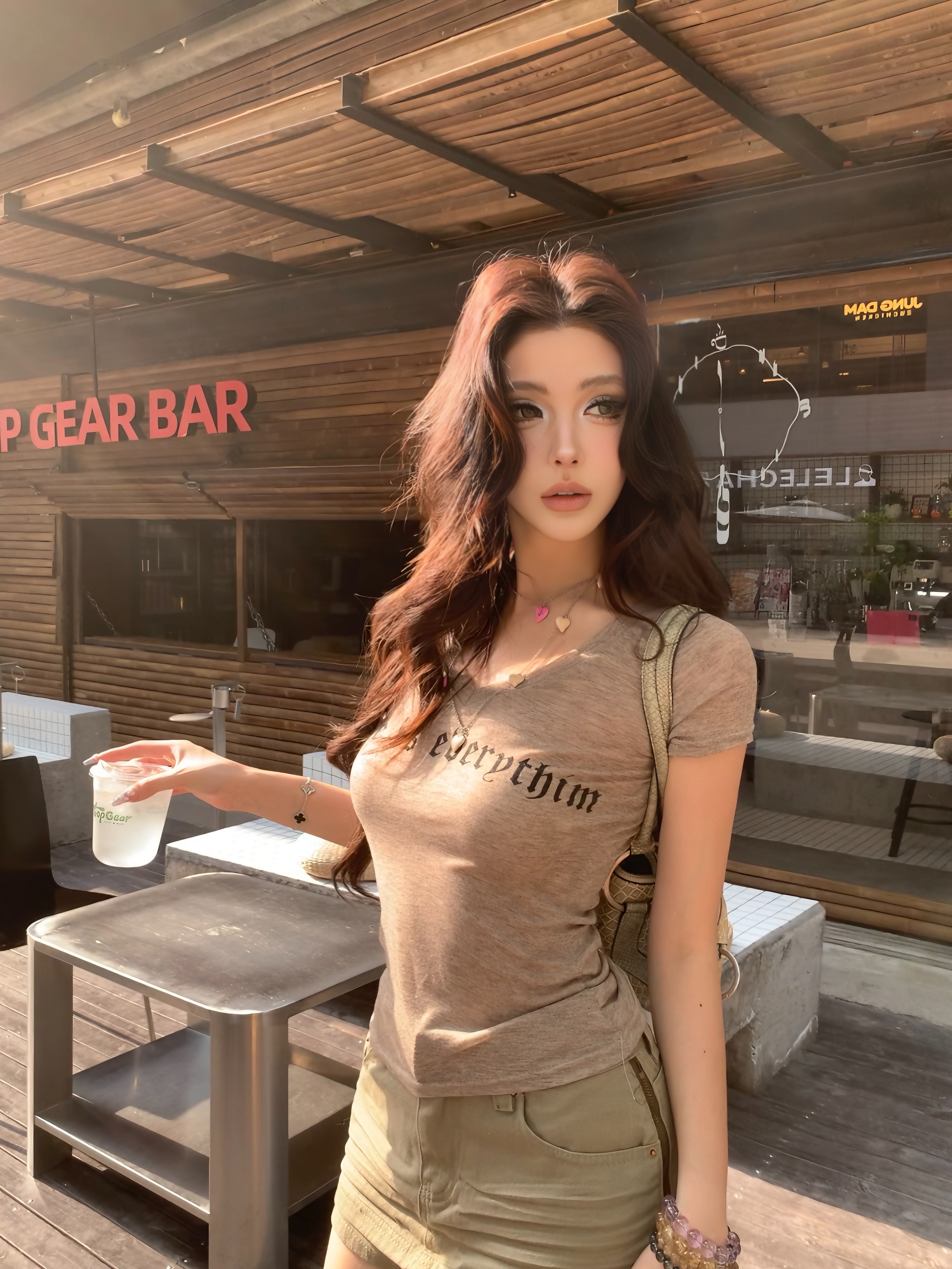 旺桃ONETOP千禧风V领T恤复古印花字母短袖百搭上衣 WT50427SZ14