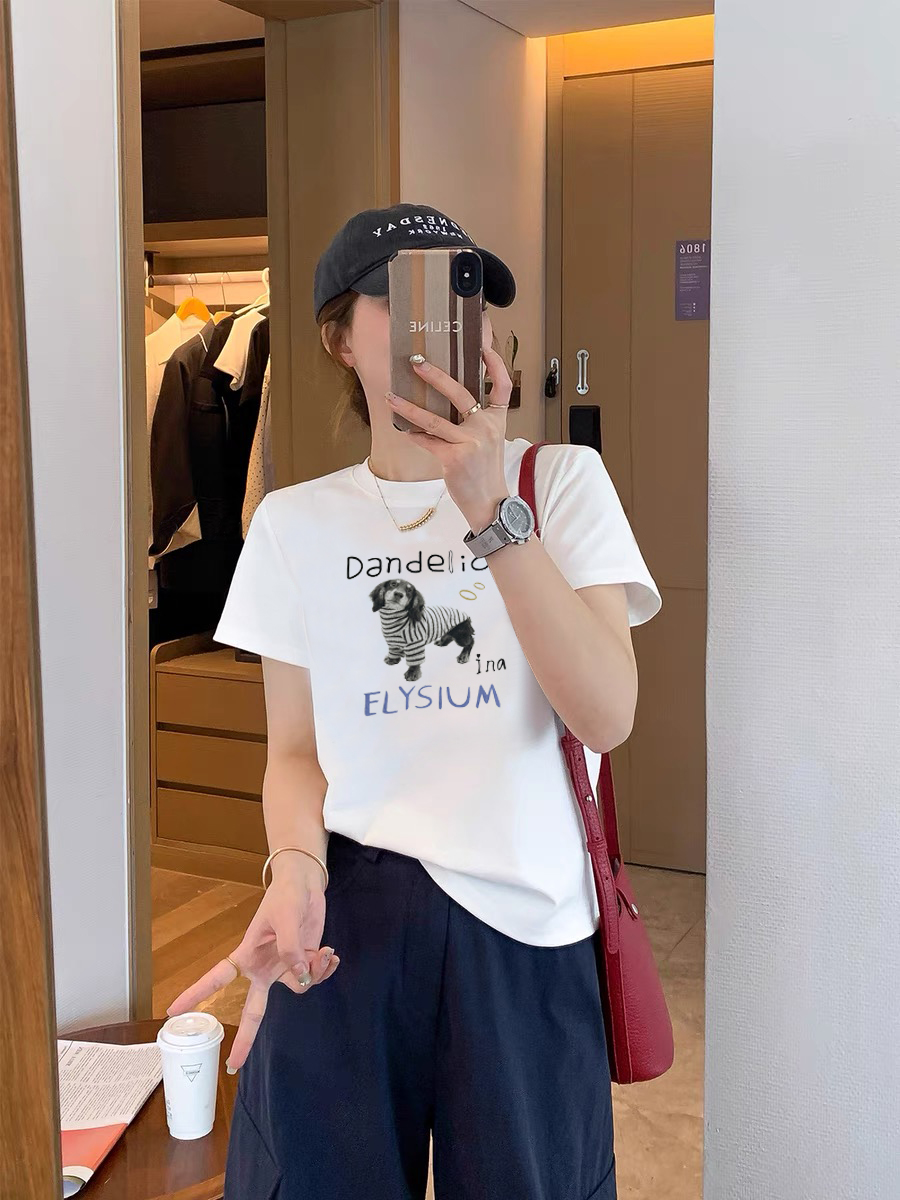 【条纹狗】 夏季新款韩版时尚百搭休闲正肩圆领卡通印花短袖T恤女