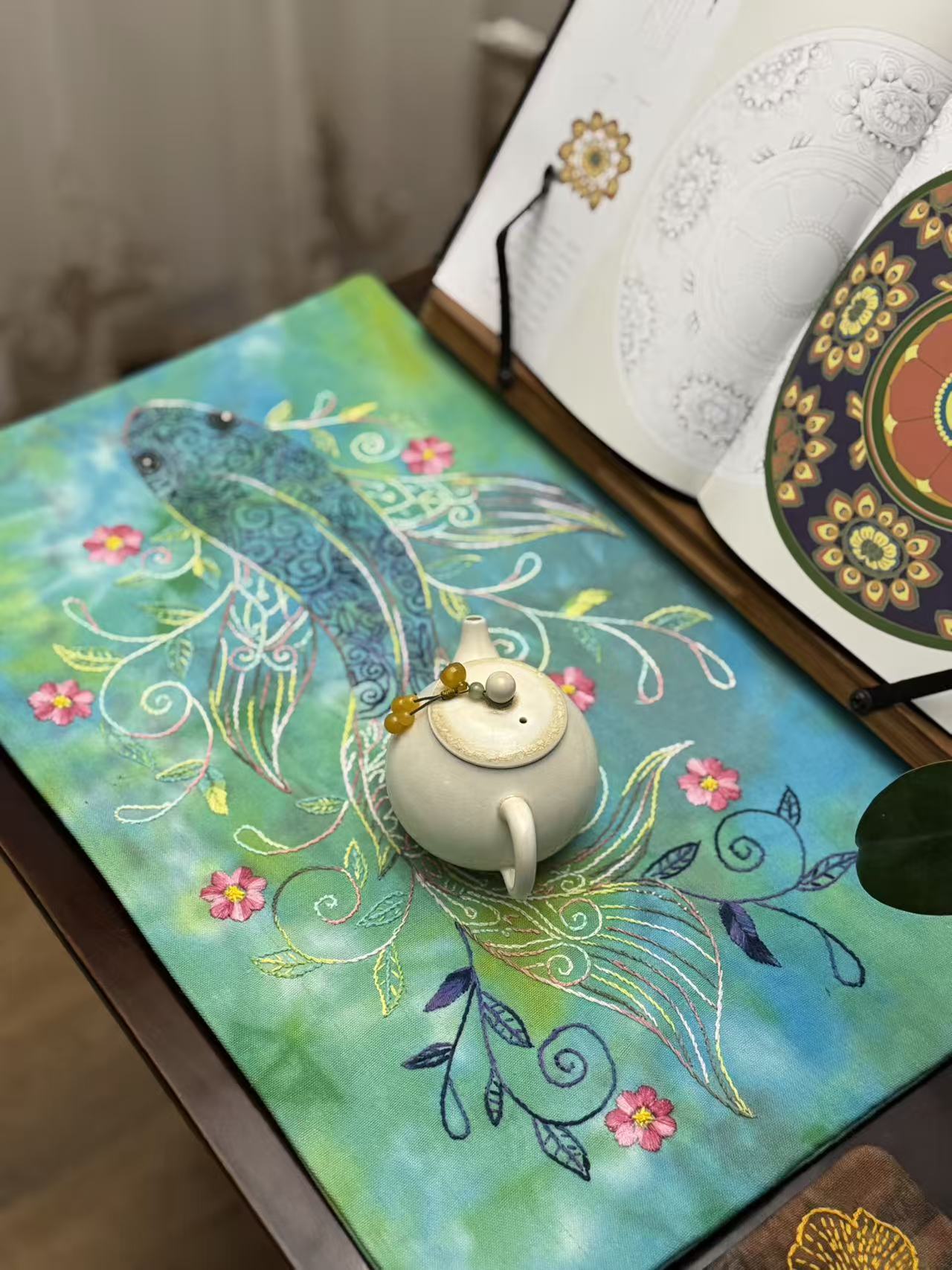 30*50CM纯棉茶席 全手工刺绣   锦鲤茶垫子 茶具配套茶席手工扎染