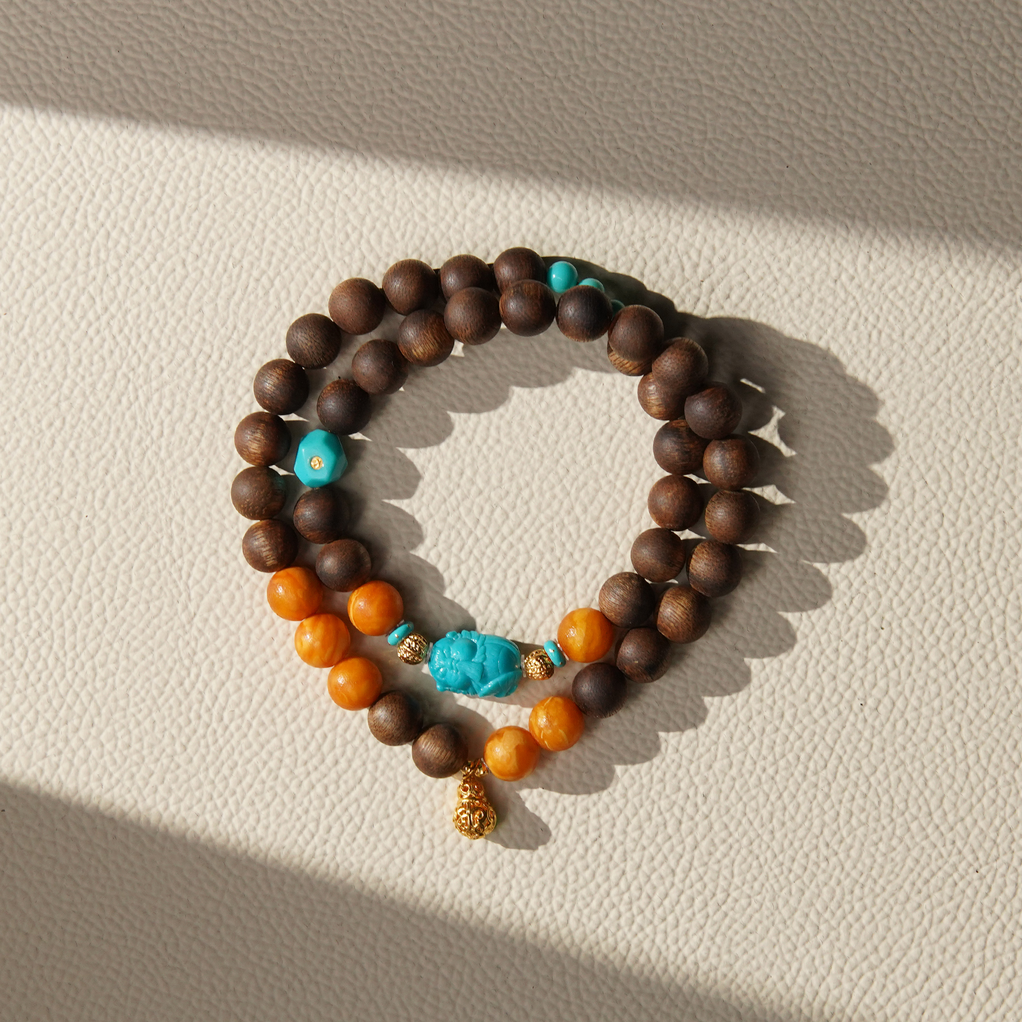 沉香富森红土0.8DIY18k蜜蜡绿松钟馗双圈（多样性发其一）CFS0001