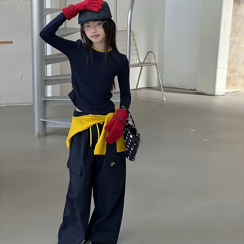 女童秋季套装童装新款女孩披肩打底衫女工装裤洋气三件套中大童潮