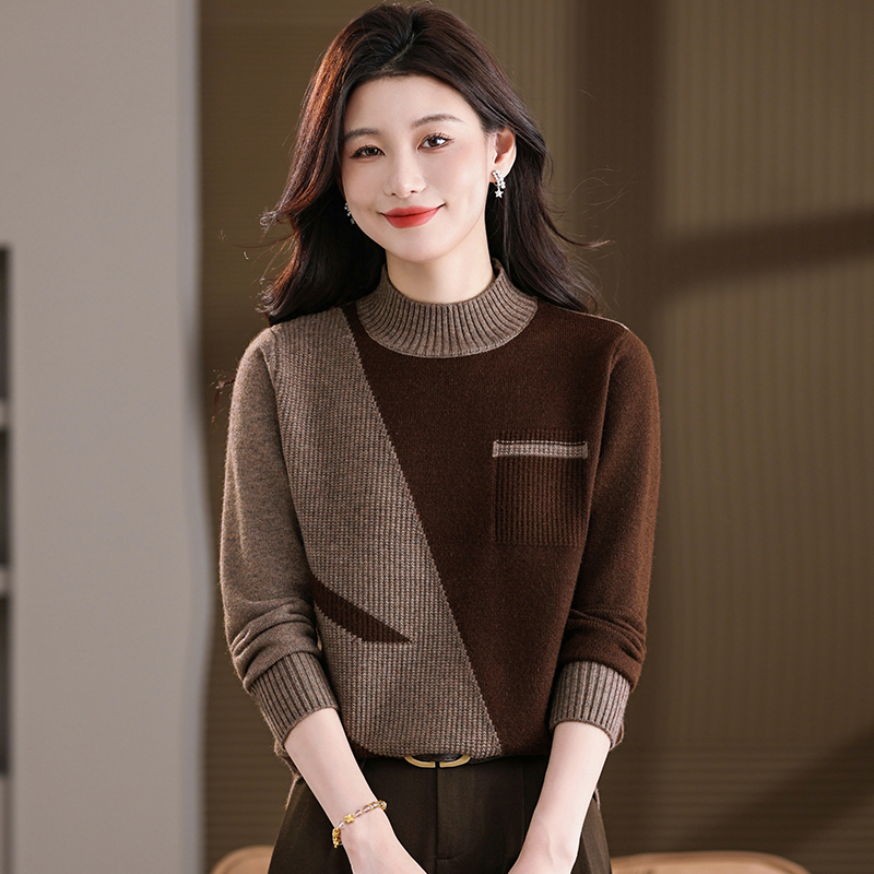 【羊毛衫】新款秋冬女士半高领长袖洋气宽松拼色厚款保暖气质毛衣