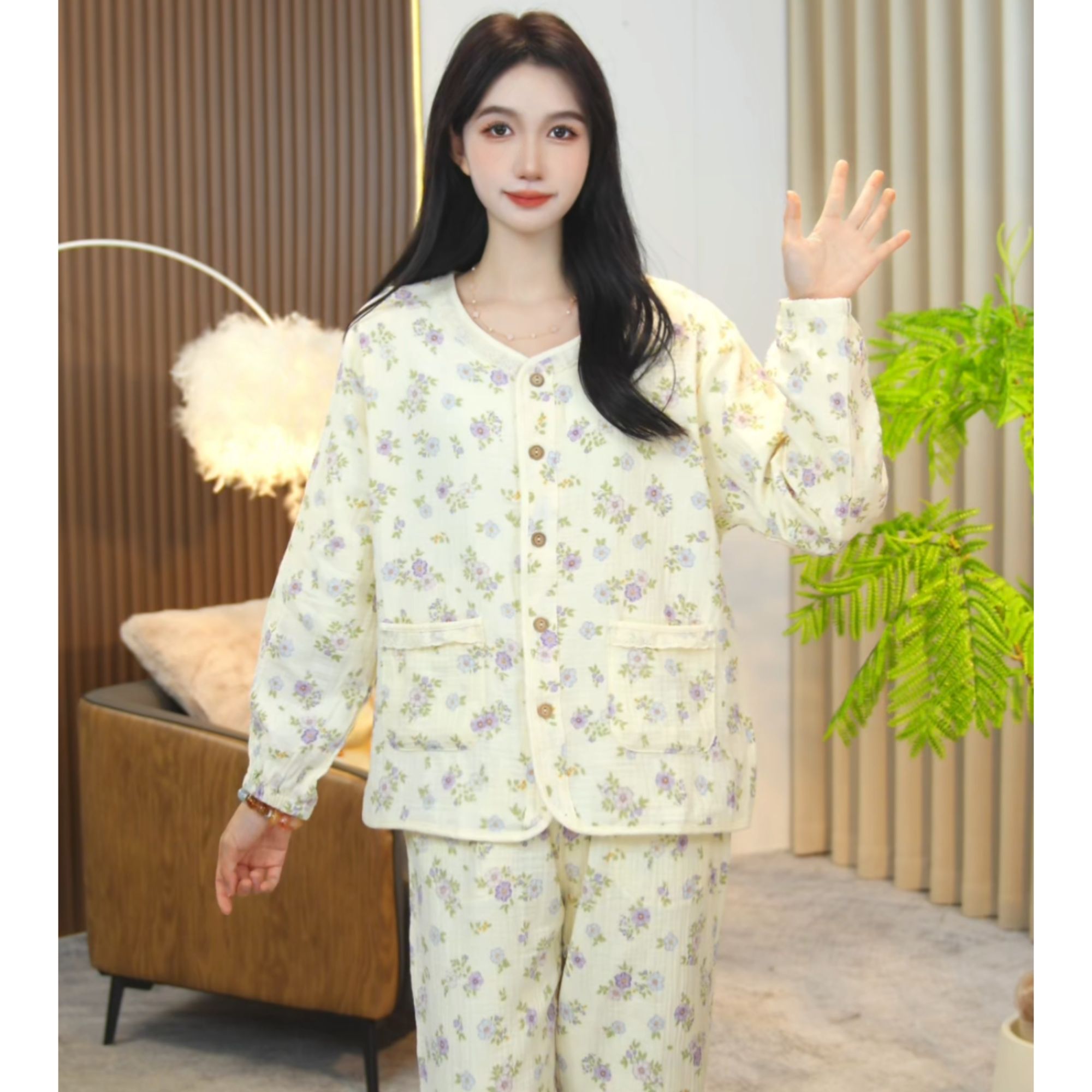 琪琪家【紫色花朵】秋冬时尚宽松舒适睡衣女士套装可外穿家居服AQQ