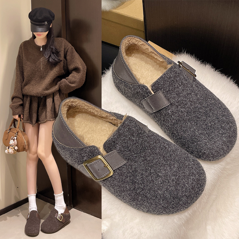 勃肯鞋女灰色秋冬新款毛呢内增高厚底百搭两穿毛毛鞋加绒保暖棉鞋