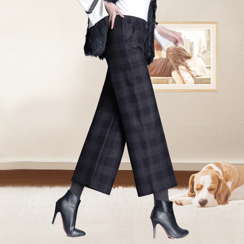 妈妈阔腿裤毛呢秋冬装格子裤中老年女裤九分宽松显瘦中年休闲裤子