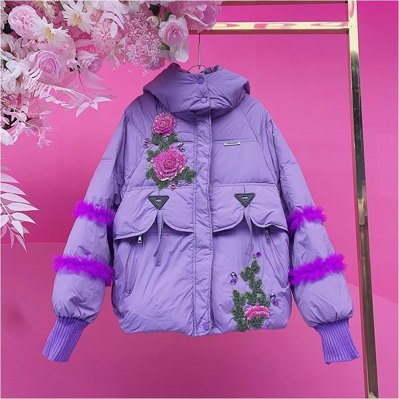 A033欧美设计师2024冬季新款重工钉珠亮片花拼纱外套女