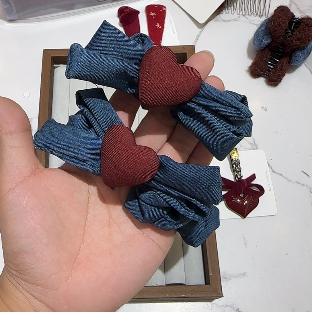 布艺非金属T15牛仔爱心发圈2个