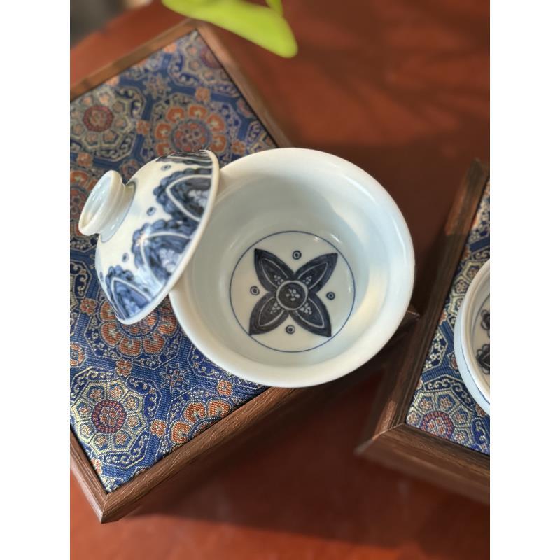 A464【蜕观堂】柴窑青花星空宝相布袋盖碗 容量110ml