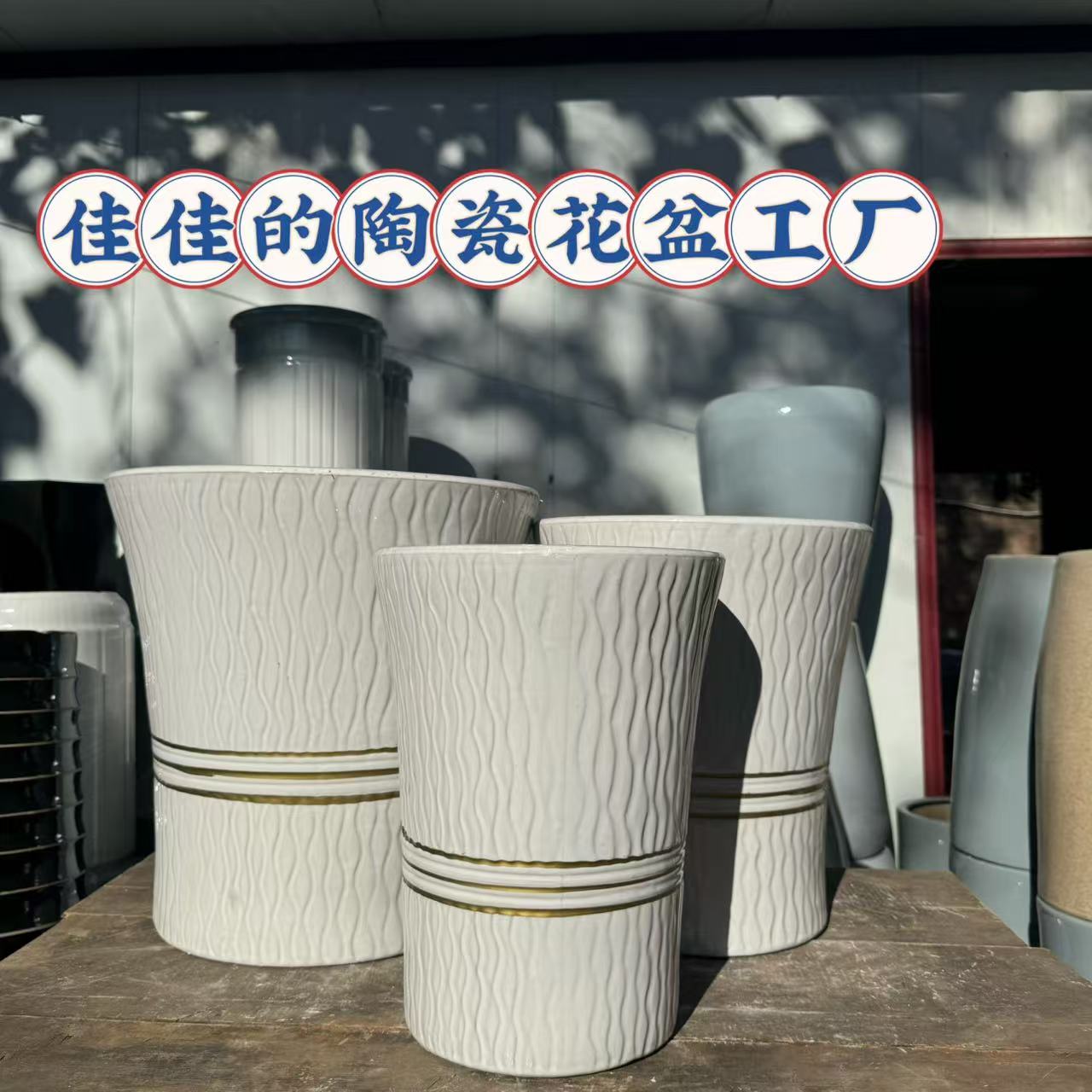 白收腰金腰线陶瓷花盆家用室外百合竹千年木龟背竹绿植专业大号40