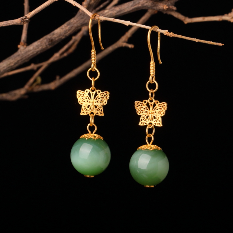 【泓贝珠宝-H784】18k金镶嵌和田玉碧玉电光猫眼耳坠NGTC国检证书