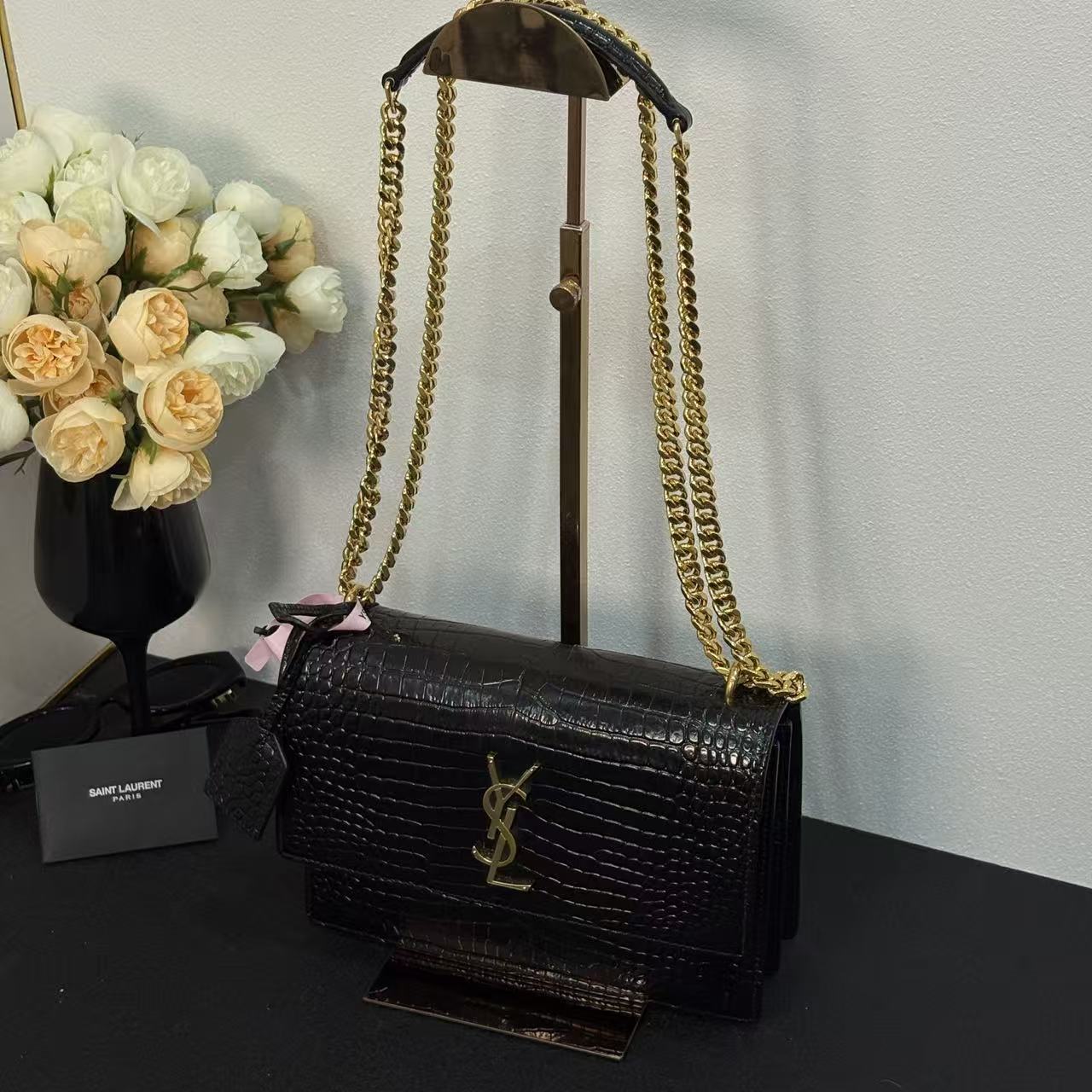 未使用 YSL/圣罗兰 壹所奢品YSL 日落 鳄压纹 中号 黑金 闲置