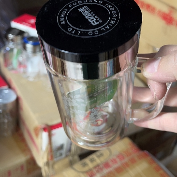 茶隔款玻璃富光把手杯黑盖