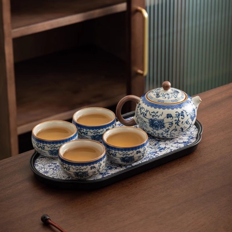 9013陶瓷汝窑缠枝莲一壶（盖碗）四个杯子套装高档中式茶道茶具