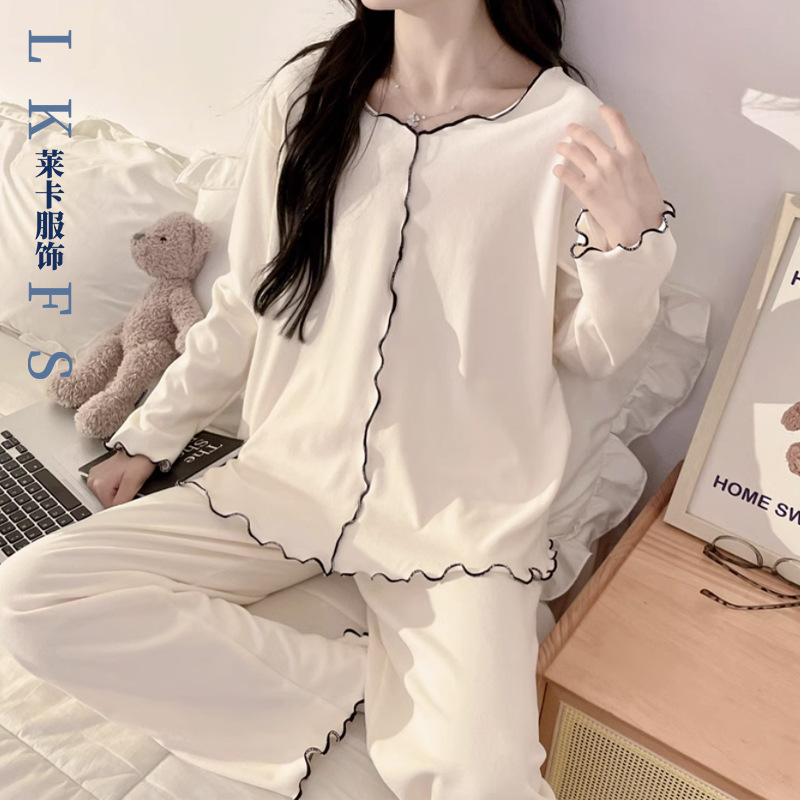 德绒睡衣女士秋冬季简约荷花边长袖套装跨境新款长裤可外穿家居服