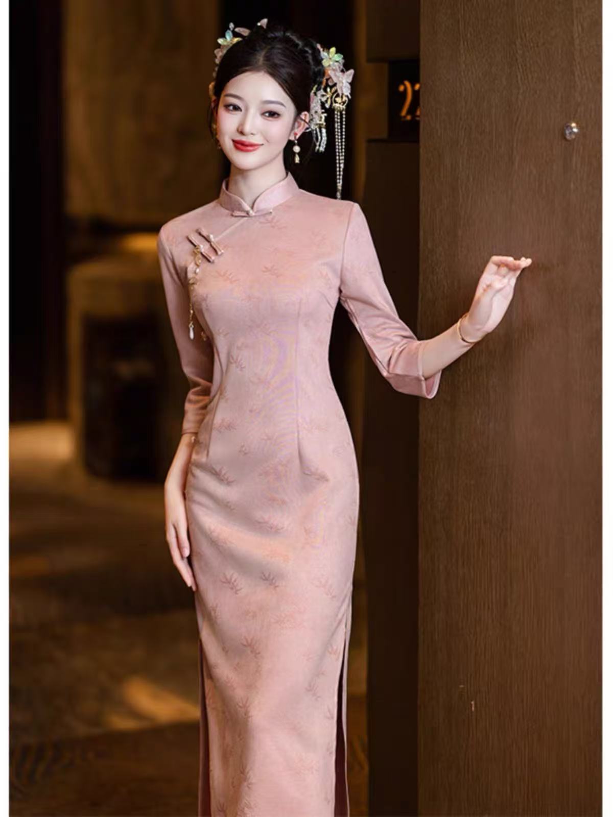 1497 粉色 【节节高】  冬款 旗袍