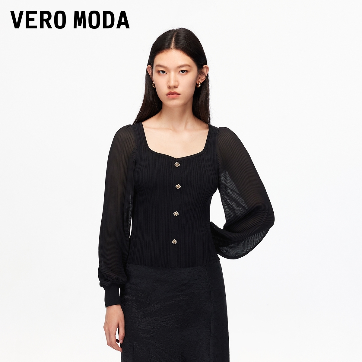 Vero Moda针织衫【丝路流光】拼接灯笼袖上衣百搭流光风洋气显瘦