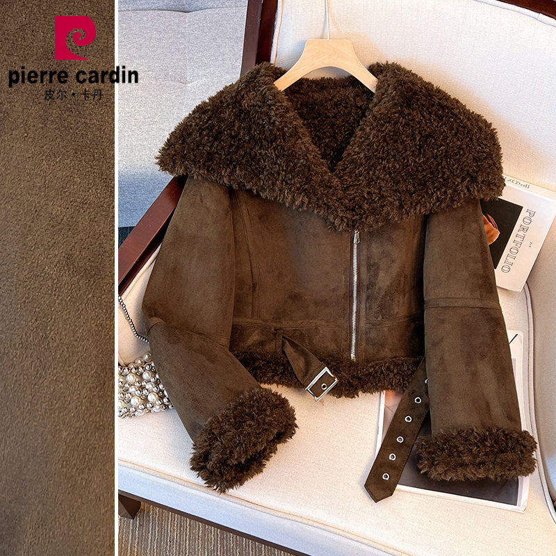 皮尔卡丹气质大毛领皮毛一体加厚翻领机车服女2025冬季新款防寒保