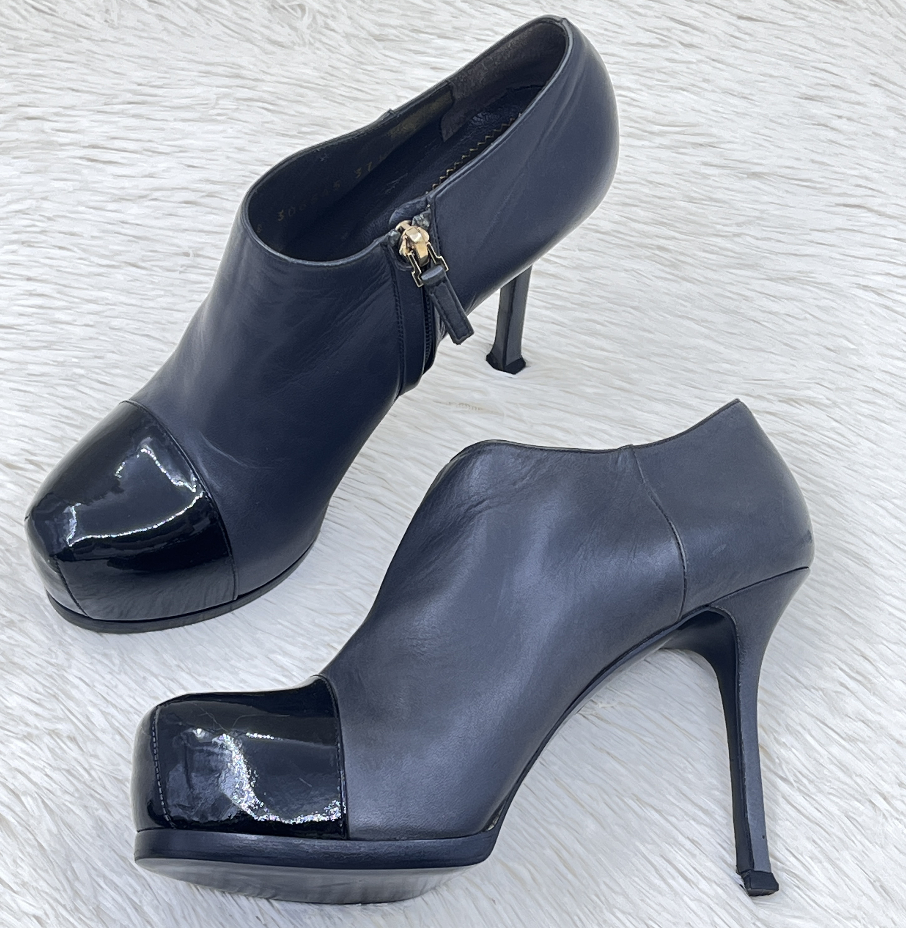 95新 YSL/圣罗兰 拼接设计水台拉链高跟鞋 37.5码 公价6.5k j3006