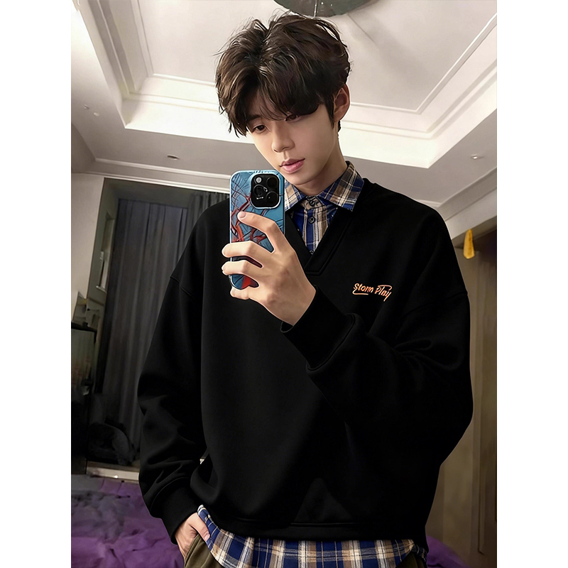 黑色假两件格子拼接卫衣男款秋冬季加绒正肩刺绣长袖衬衫领polo衫