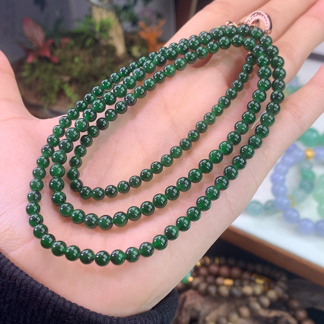 翡翠未镶嵌手链辣绿小米珠项链