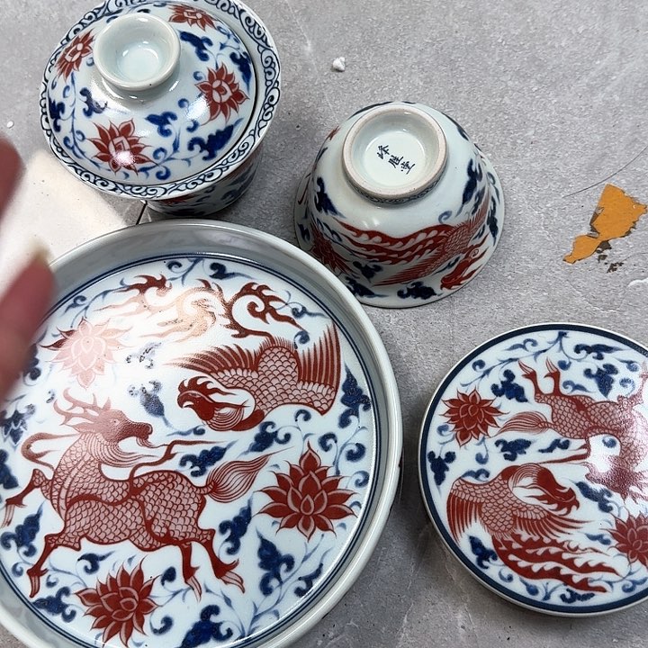 瓷片釉里红麒麟追凤4件套景德镇