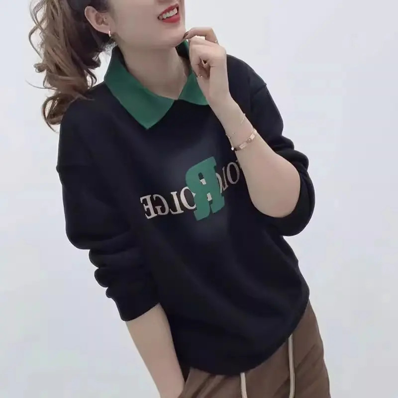 A0126翻领卫衣女新款春秋休闲小众长袖百搭韩版时尚宽松显瘦上衣