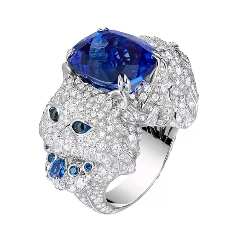 925银合成锆石戒指 925银镀金动物高珠双头豹猫戒指