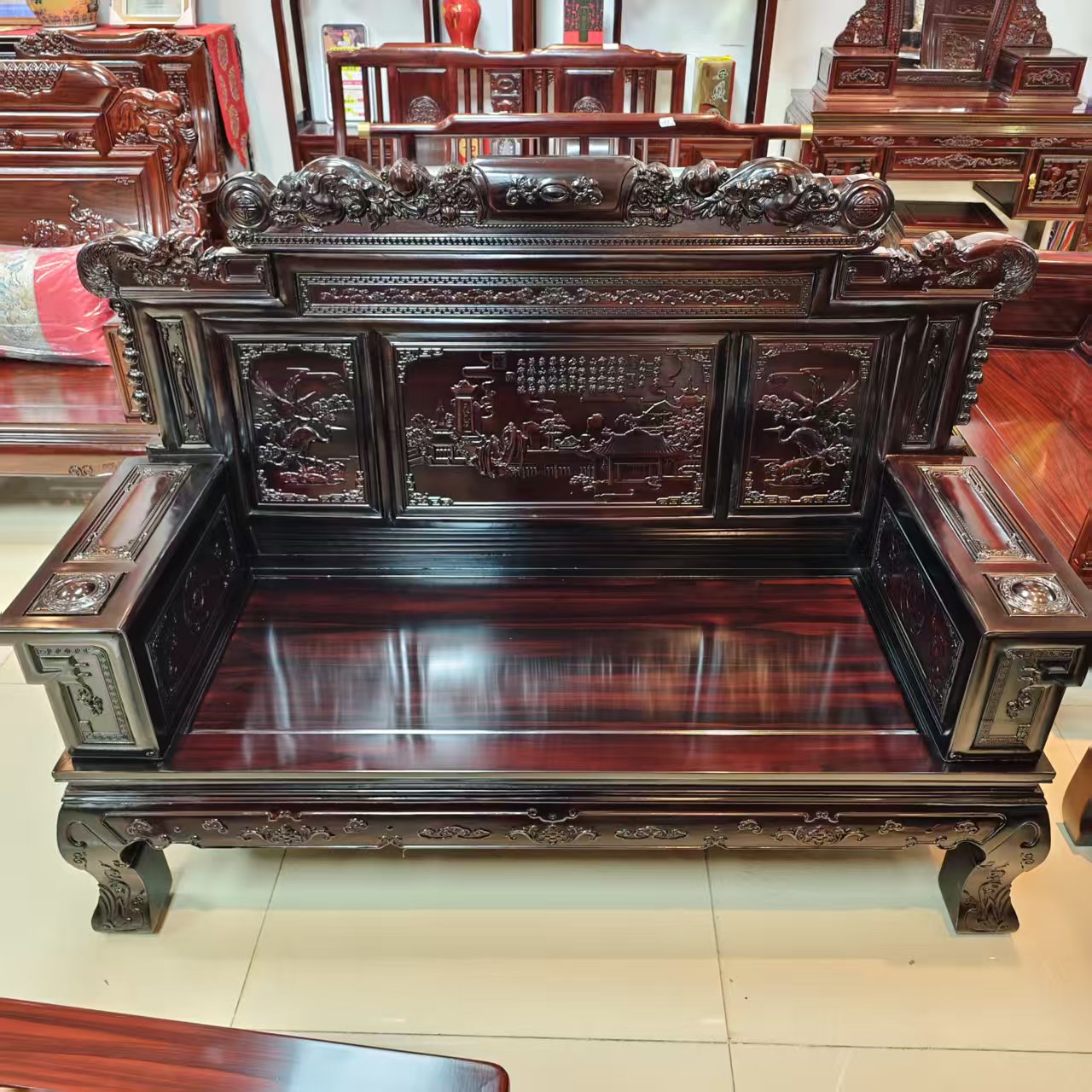 酸枝木 山水财源双人位尺寸：长161宽66坐高40背高117