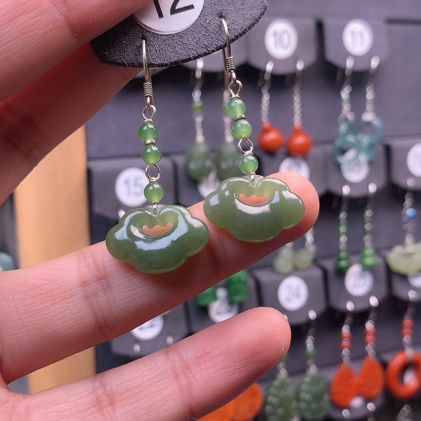 【闪购商品】和田玉耳饰银S925镶嵌春*杏