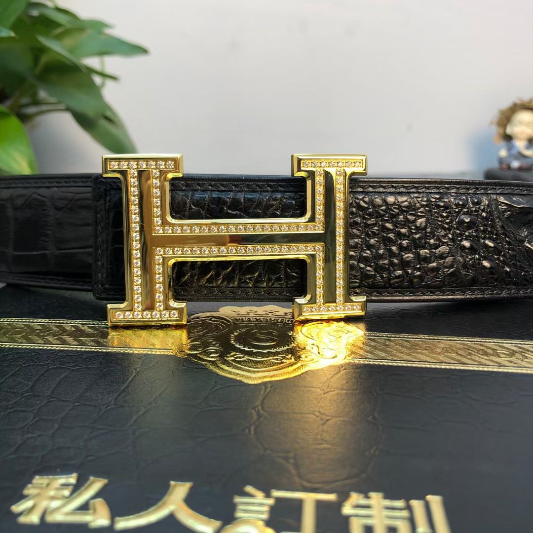 鳄鱼头骨腰带高档镶钻轻奢潮流金色百搭黑色真皮（不带扣头）时尚