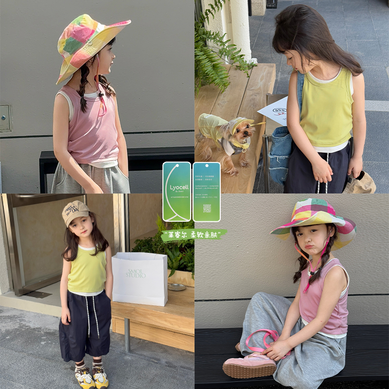 SKC2548女童韩版两件套圆领背心夏装新款女大童叠穿休闲上衣潮