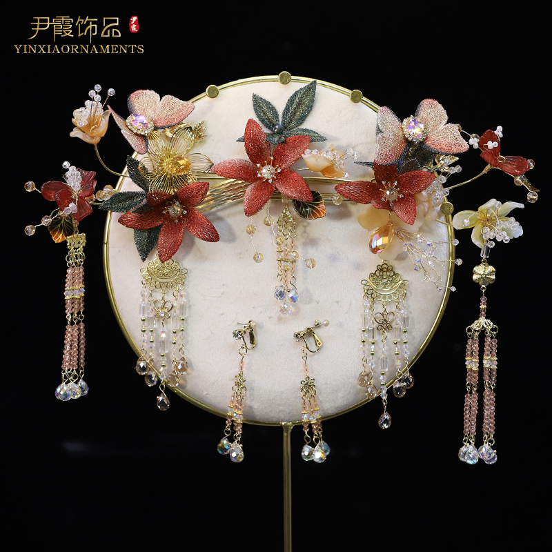 新款绣花汉服头饰女流苏发夹花朵古风红色配饰边夹发饰原创