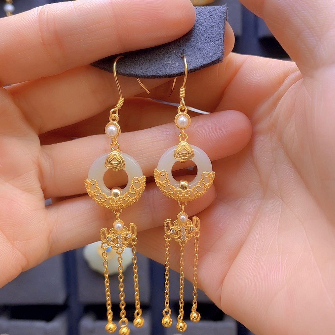 和田玉耳饰银S925镀金镶嵌