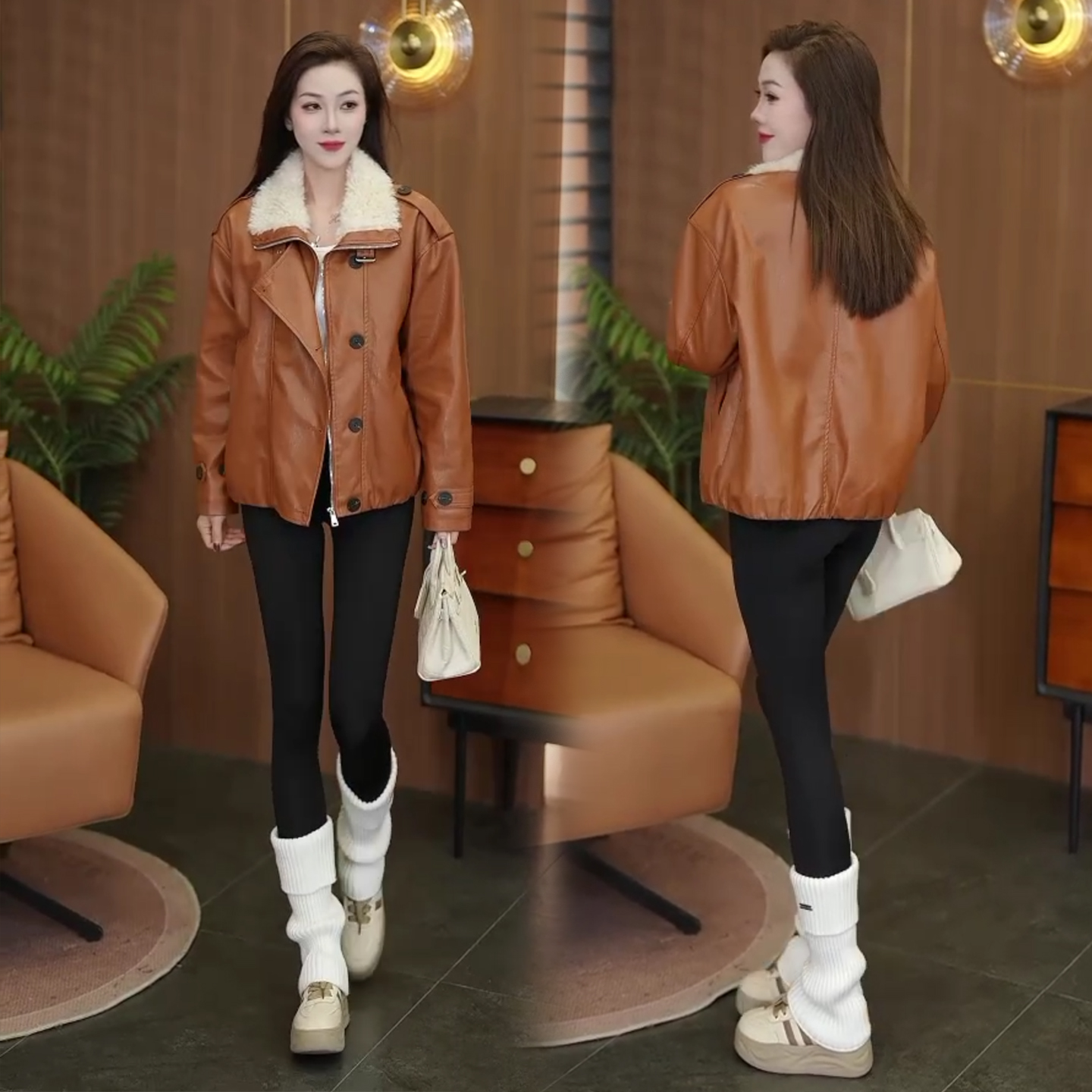 雅鹿加绒加厚皮衣短外套女2025秋冬新款潮流洋气显瘦拼接PU皮夹克