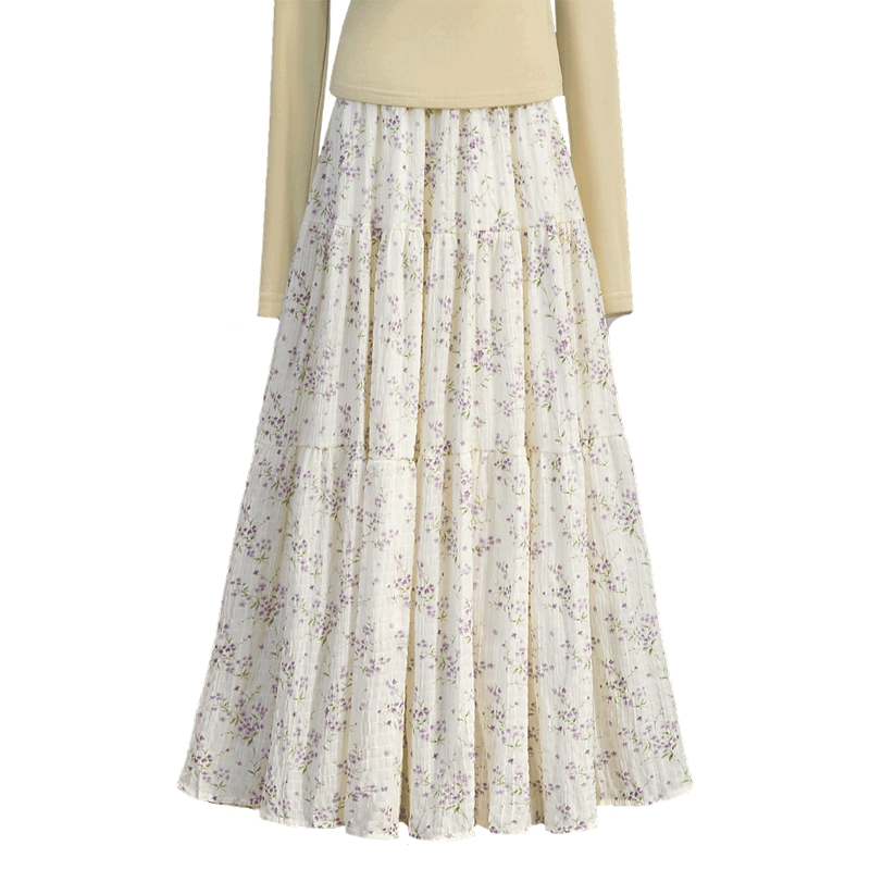 她池2025春装新款女宽松清新甜美松紧腰A字碎花半身裙T51X0885B