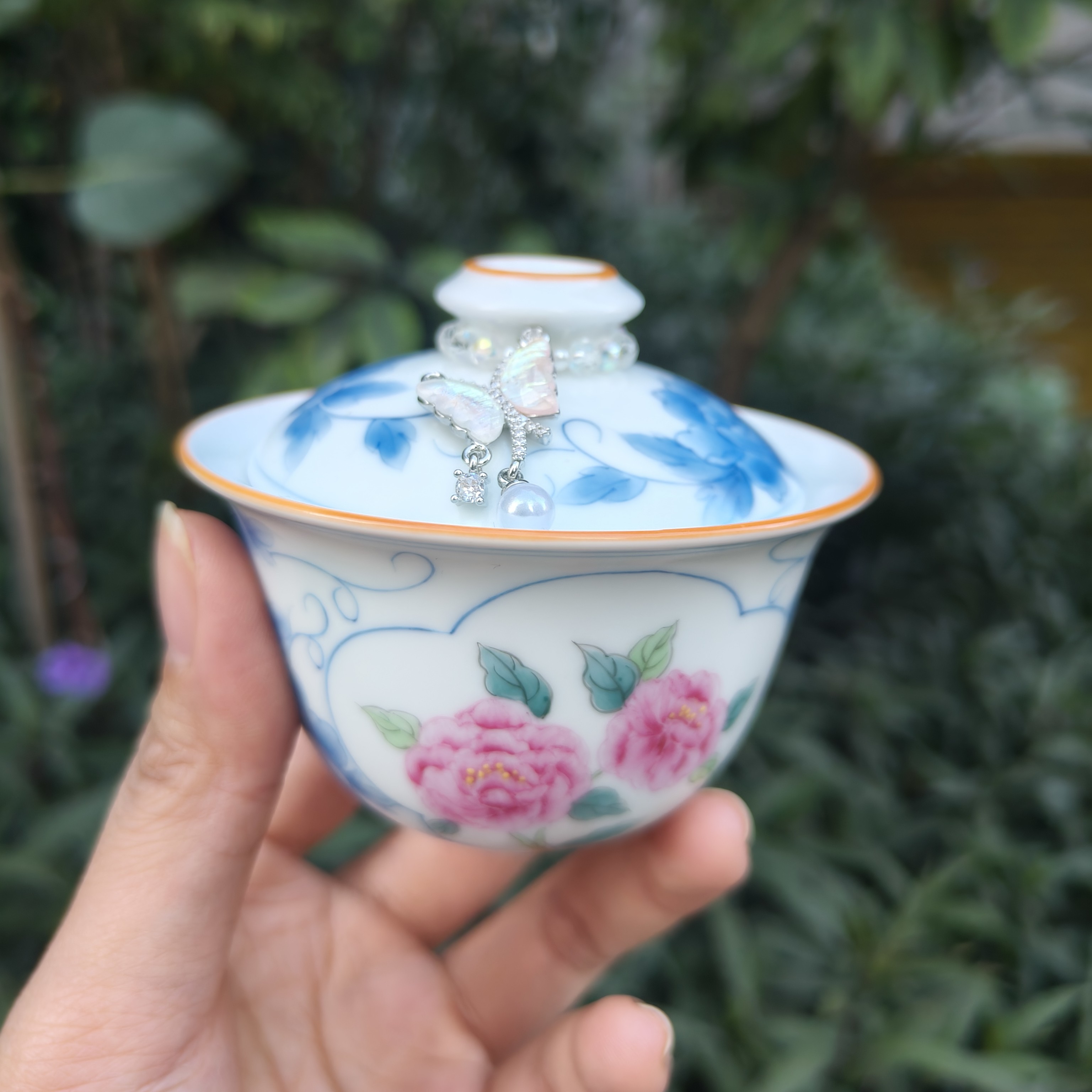 青花斗彩开窗牡丹三才盖碗家用精美泡茶碗