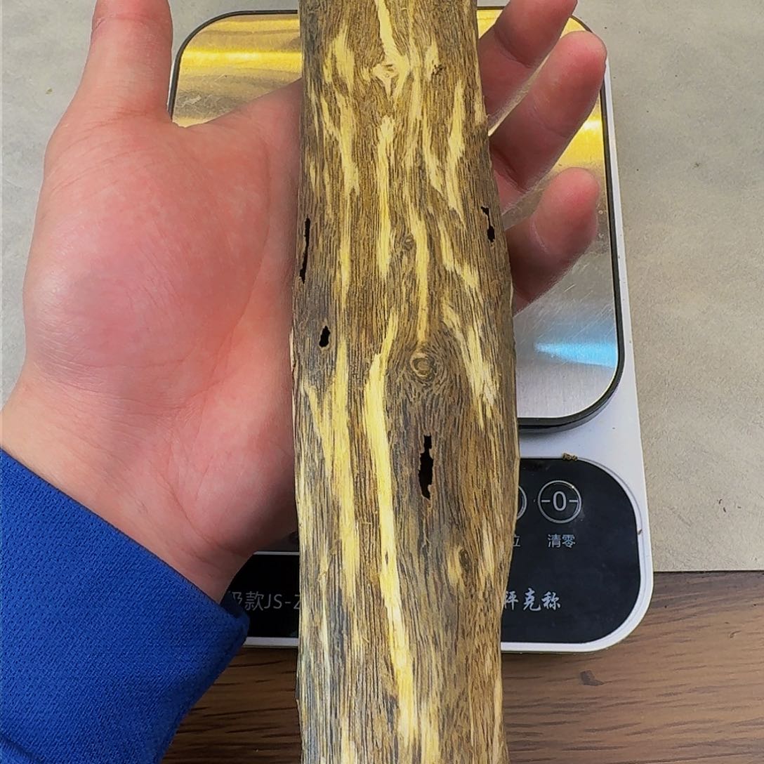 沉香木手把件红骨凹身虫漏香151克