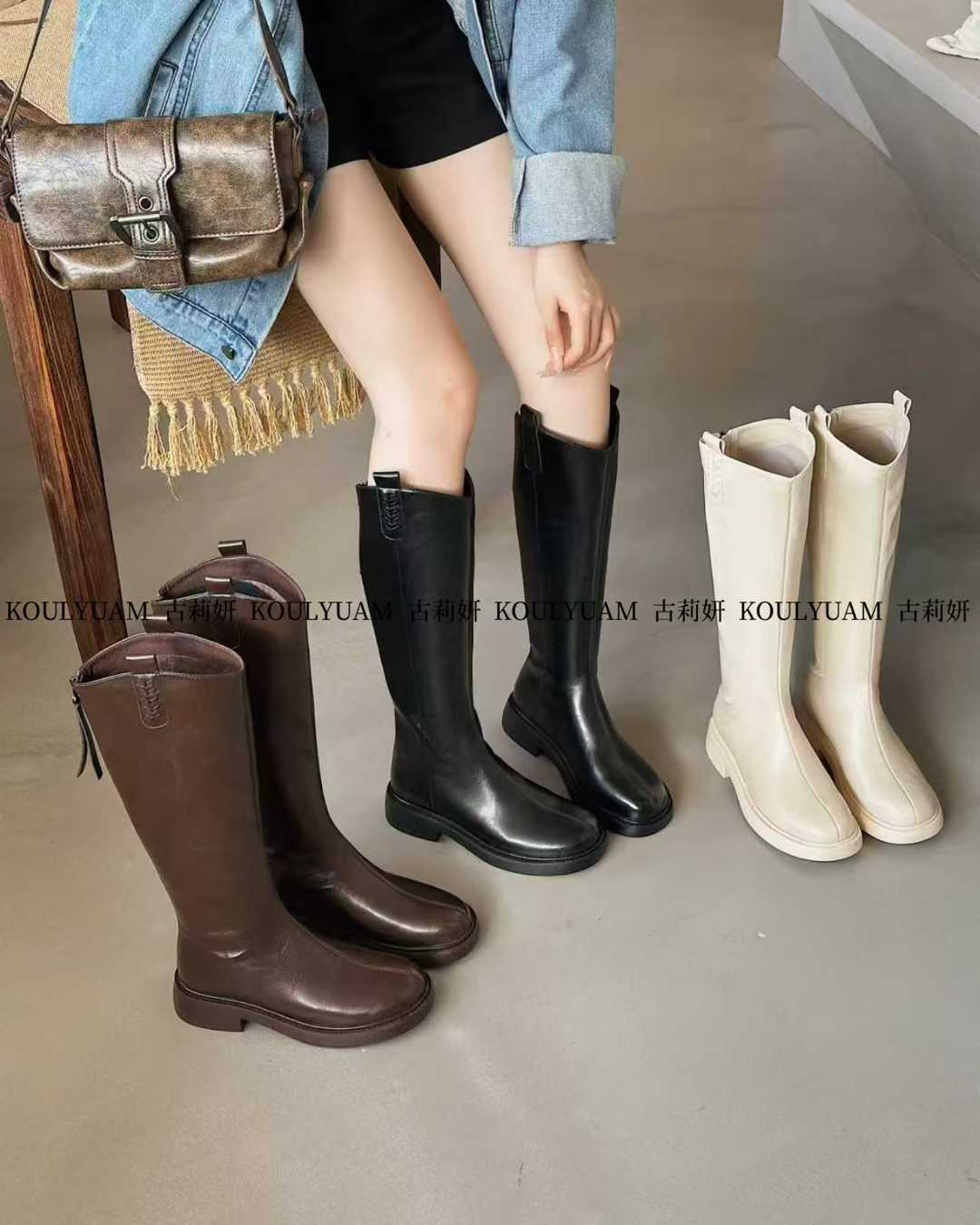 2502-1百搭粗跟靴秋冬加绒女靴时装靴时尚真皮长筒长靴平跟