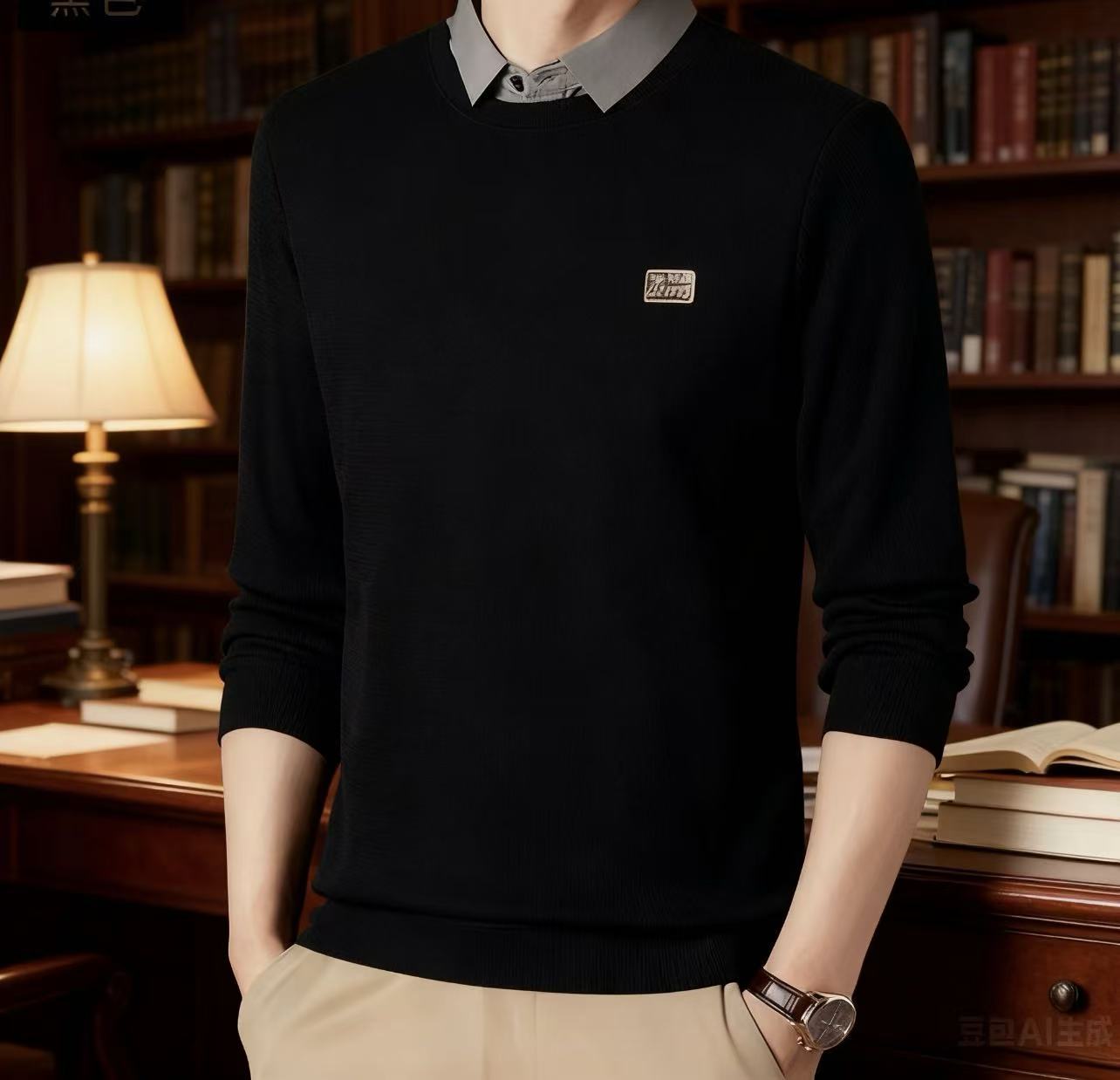 冬季男士加绒加厚保暖毛衣针织衫男衬衫领假两件打底衫男装上衣