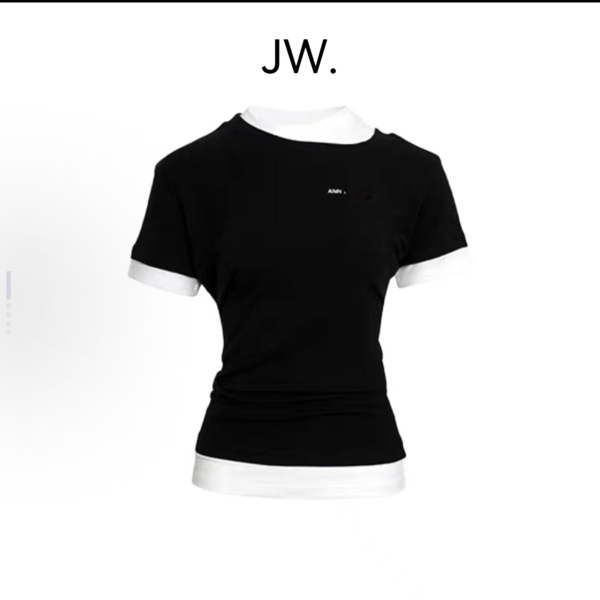 【JW.】2024春夏假两件T恤拼接短袖双领修身打底衫T恤上衣女