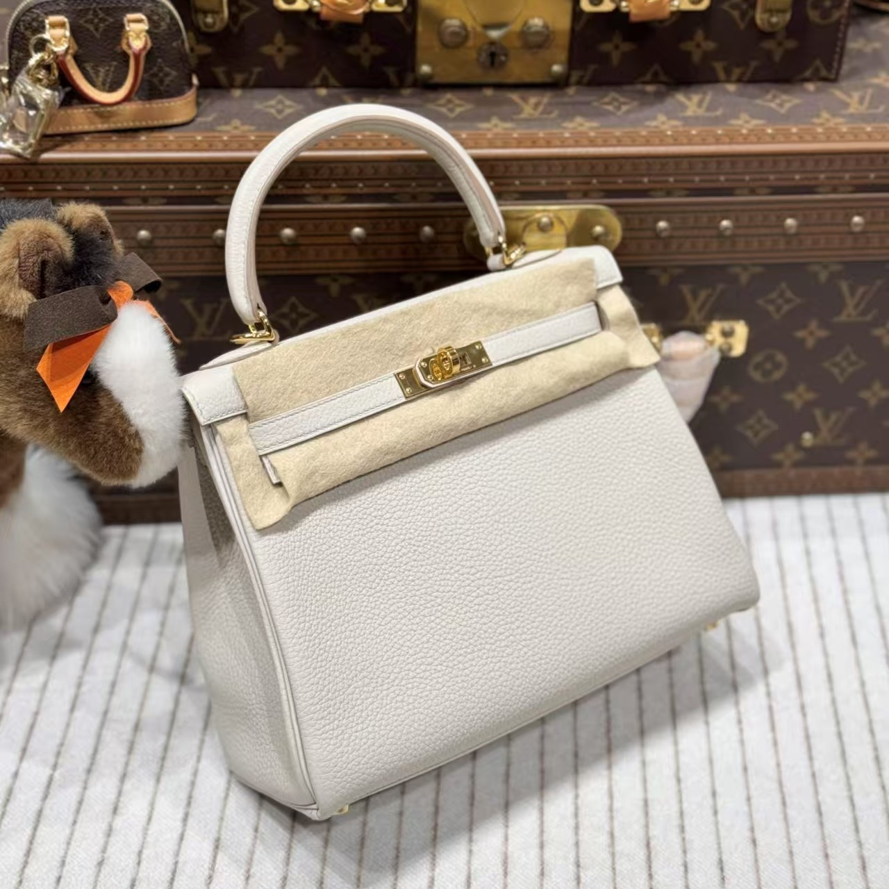 99新 Hermes/爱马仕 昊哥/爱马仕冰川白kelly25包/b刻