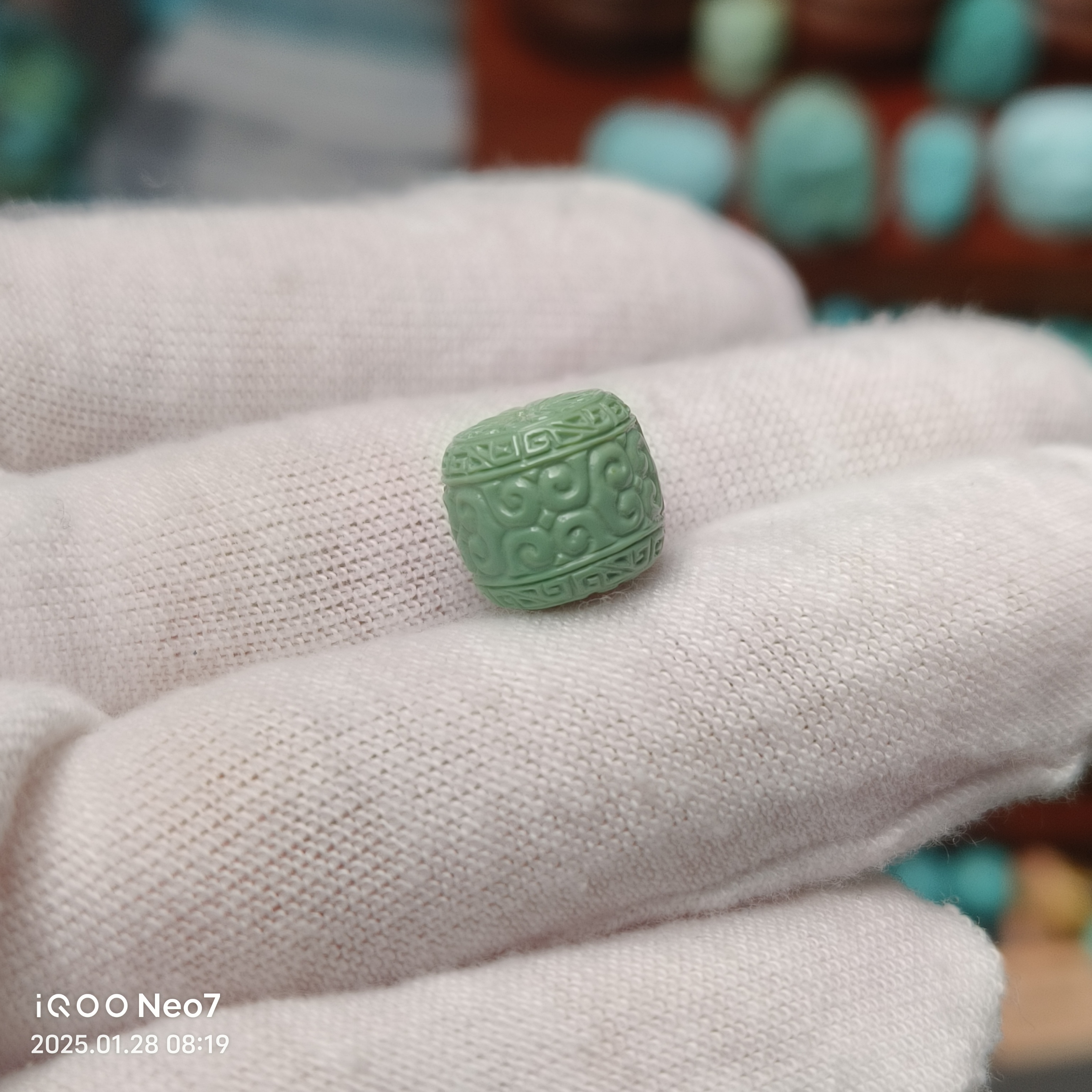 原矿绿松石雕刻回文珠10*8