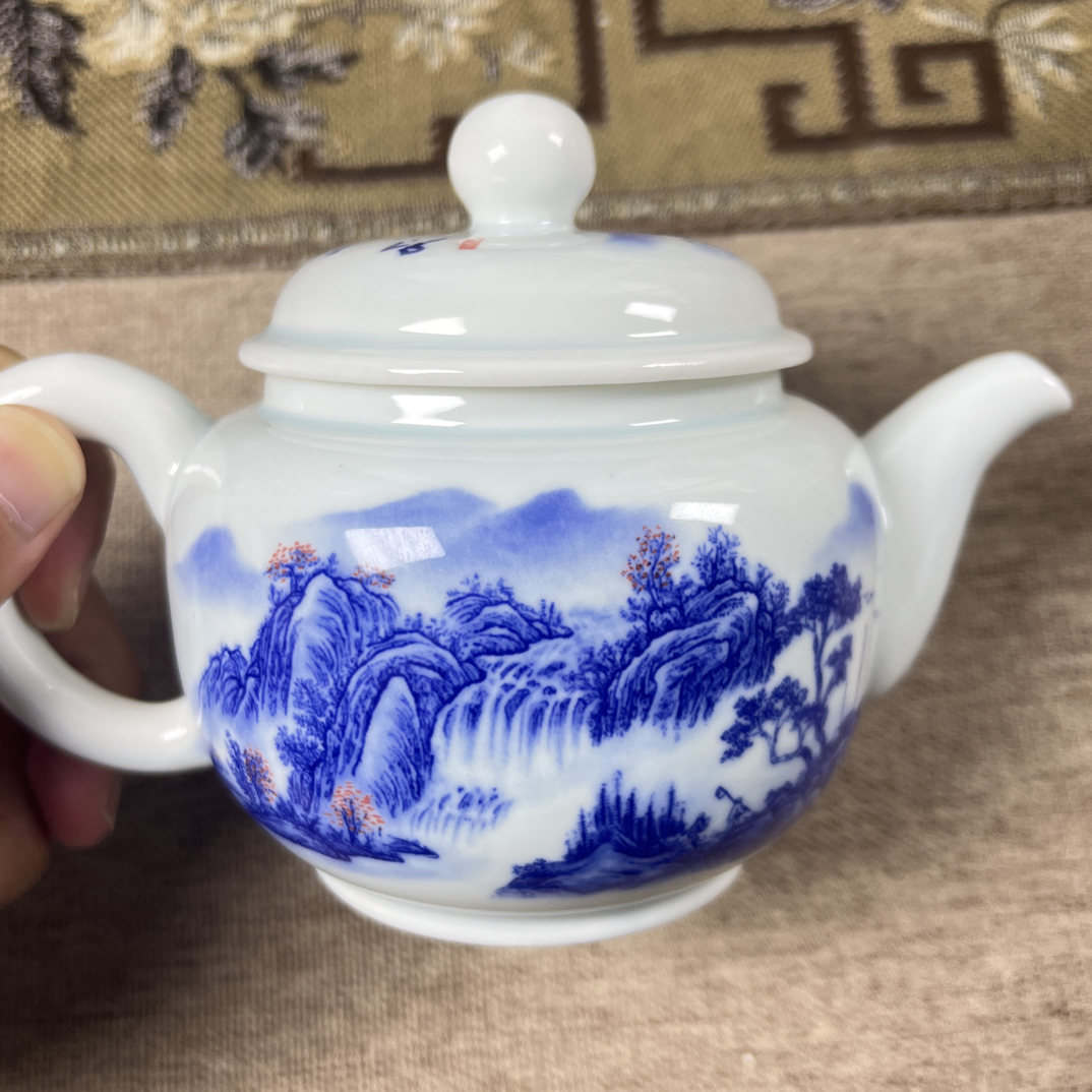 景德镇陶瓷青花瓷青花山水茶壶釉下彩泡茶壶功夫茶壶陶瓷茶壶