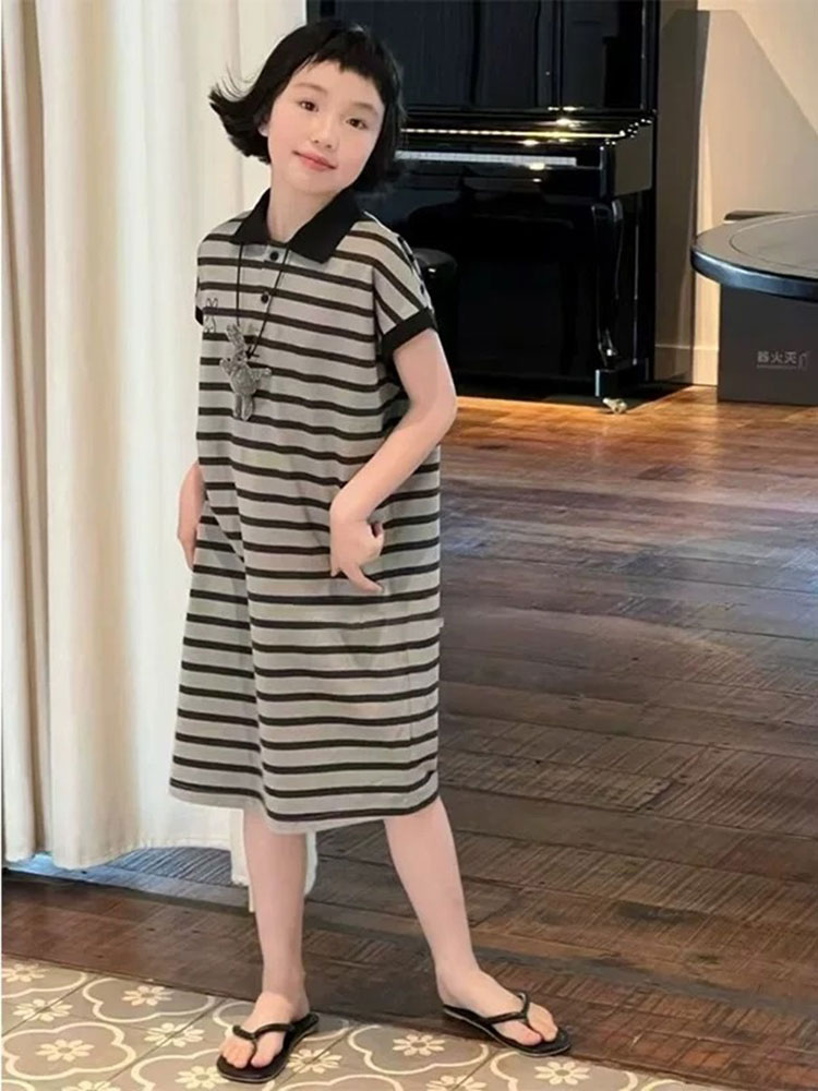女童拼色条纹小兔Polo翻领无袖连衣裙 中大儿童休闲百搭长裙夏
